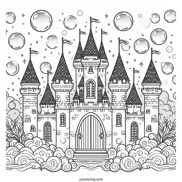 Magical Castle Coloring Page With Bubbly Background