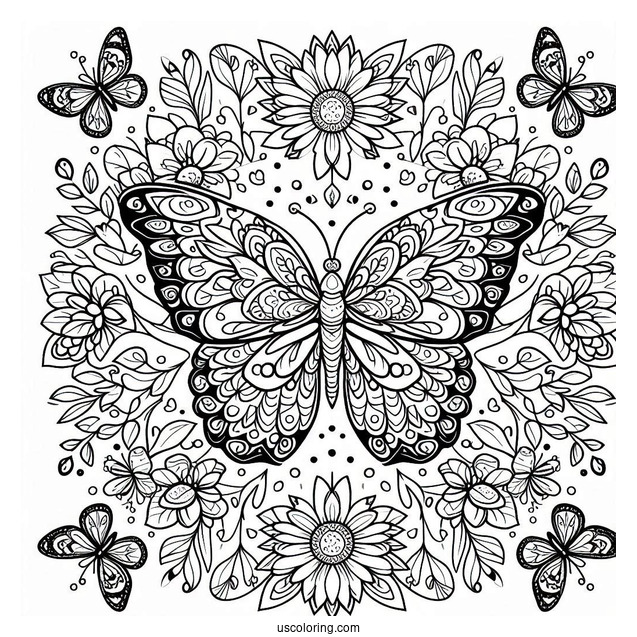 Grand Butterfly Coloring Page Mandala Surrounded By Flowers