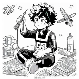 My Hero Academia Coloring Page Of Young Izuku Midoriya Playing With Toy