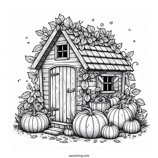 Wooden Shed Covered In Leaves And Filled With Pumpkin Coloring Page
