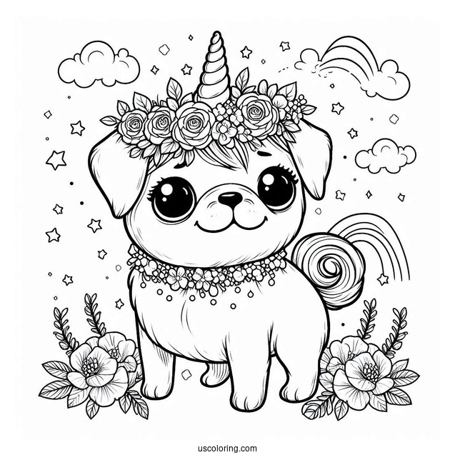Adorable Pug Coloring Page Wearing a Unicorn Horn and Flower Crown