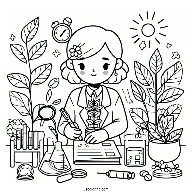 Science Coloring Page Of Scientist Studying A Plant With A Magnifying Glass