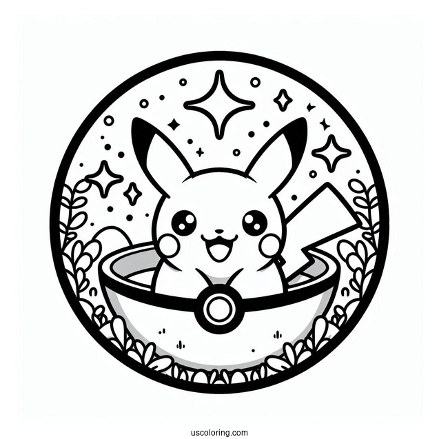 Kawaii Pikachu Inside Pokéball Coloring Page