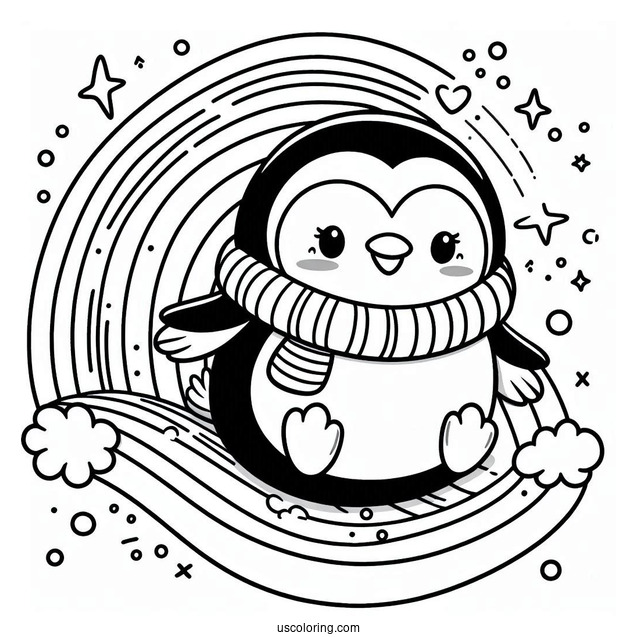 Cute Penguin With A Scarf Sliding Down A Rainbow