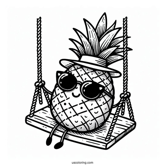 Pineapple Coloring Page on Swing Wearing Sunglasses and Hat