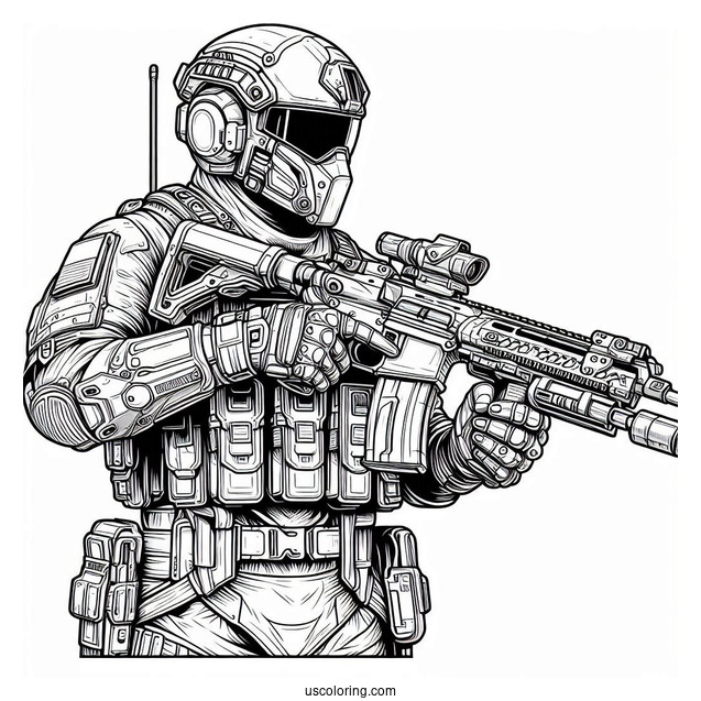 Detailed Futuristic Soldier Coloring Page Holding Weapon