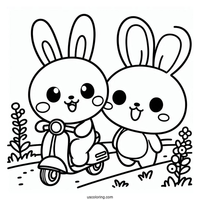 Pochacco Coloring Page And Friend Riding a Scooter On The Grass