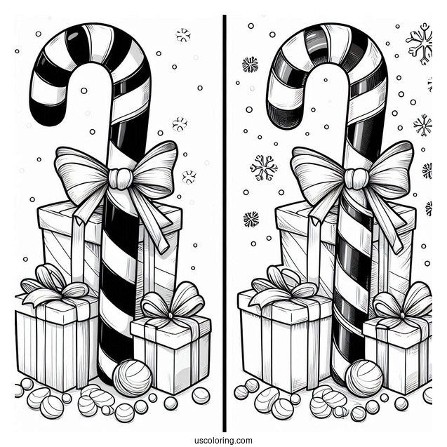 Candy Cane With Christmas Presents To Color