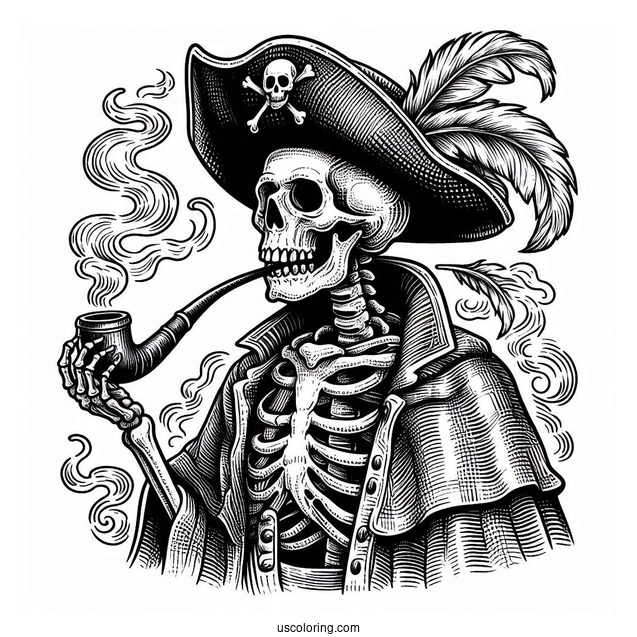 Pirate Coloring Page Skeleton With Hat, Cloak, And Pipe