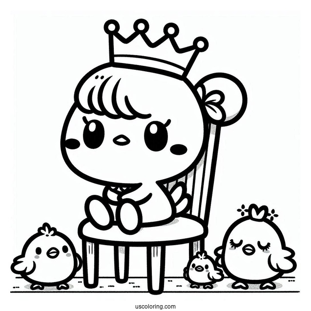 Pochacco Coloring Page Wearing Crown While Sitting On Chair With Choppy And Chicks