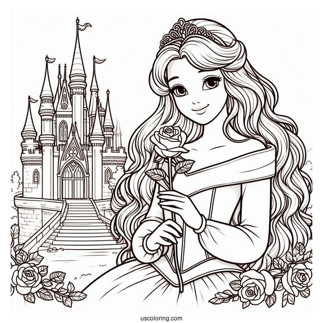 Princess Coloring Page Of Aurora Holding Rose Outside Castle