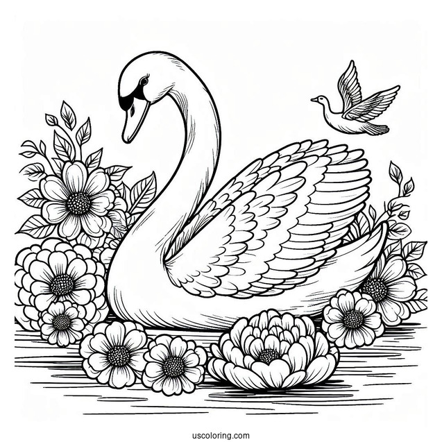 Regal Swan Coloring Page Floating In Pond With Large Flowers