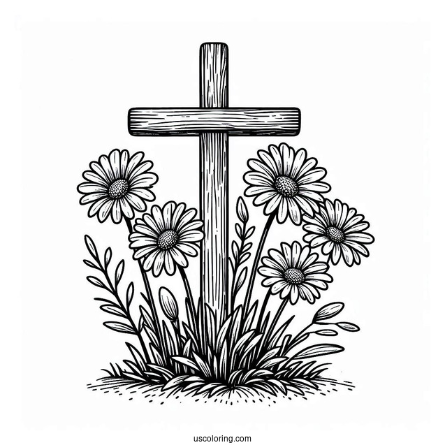 Daises Over A Wooden Cross Coloring Page In Nature For Kids