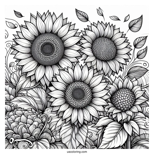 Detailed Adult Coloring Page Of Sunflowers