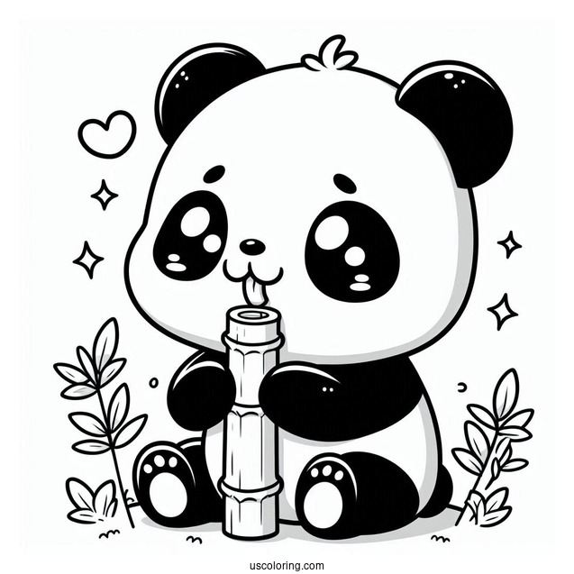 Hungry Chibi Coloring Page Panda Eating Bamboo For Preschoolers