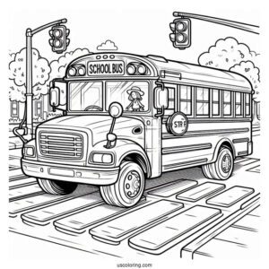 School Bus Coloring Page Waiting For Kids To Cross The Street