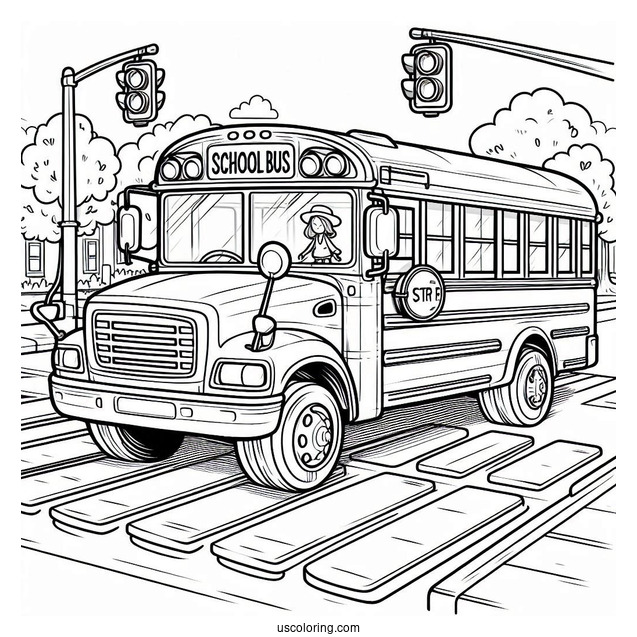 School Bus Coloring Page Waiting For Kids To Cross The Street