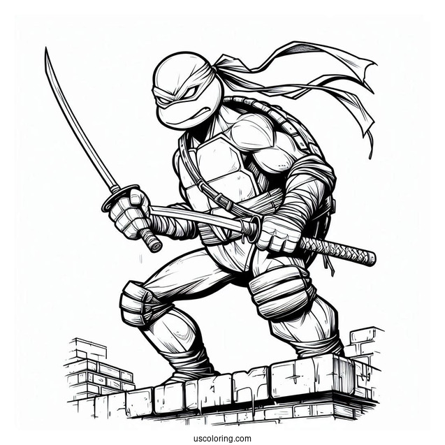 Ninja Turtles Coloring Page Of Angry Raphael Holding Sword On Rooftop