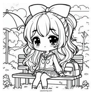 Kawaii School Girl Sitting In A Park Coloring Page