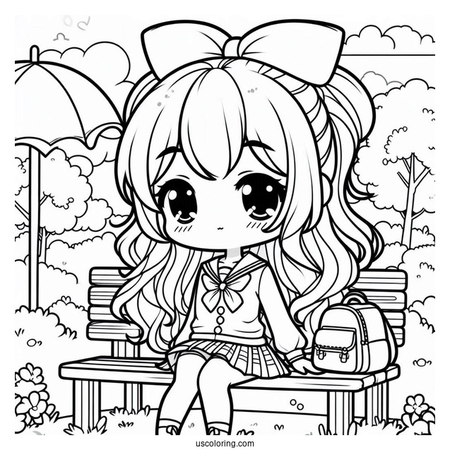 Kawaii School Girl Sitting In A Park Coloring Page