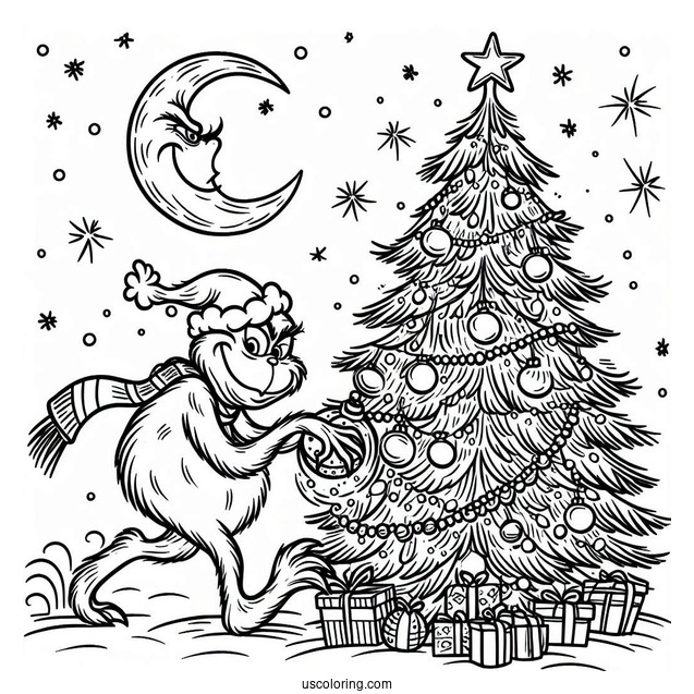 The Grinch Stealing a Christmas Tree Coloring Sheet