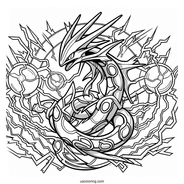 Detailed Mega Rayquaza Coloring Page Surrounded By Electricity
