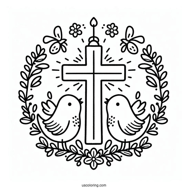 Cute Little Birds Surrounding A Cross Coloring Page For Kids