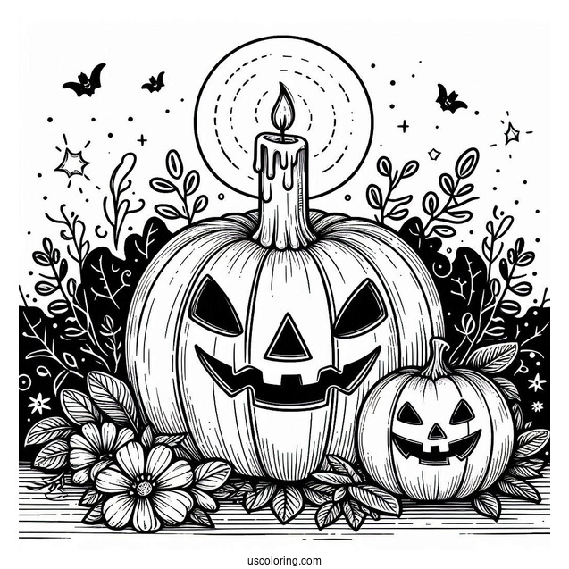 Pumpkin Coloring Page Of Lit Candle Above A Jack O Lantern