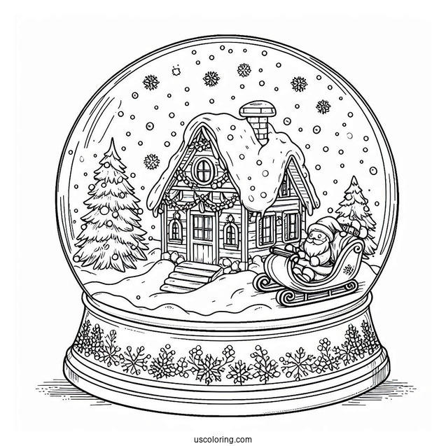 Snow Globe Coloring Page With Winter Cottage And Santa On A Sleigh