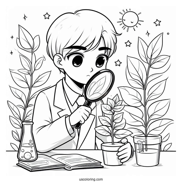 Science Coloring Page Of Scientist Studying A Plant With A Magnifying Glass