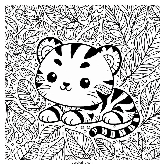 Tiny Tiger On Leaves Pattern Coloring Page