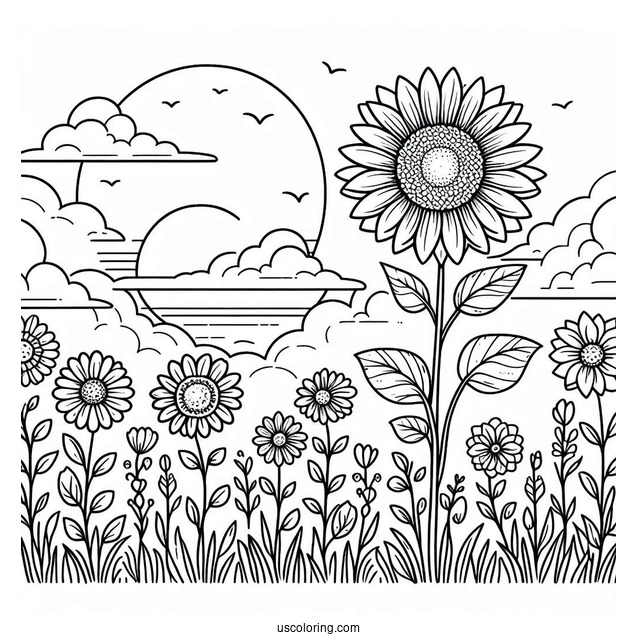 Flower Coloring Pages Of Sunflowers In A Field Under The Sun