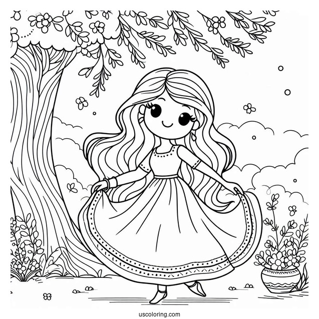 Woman Dancing Under A Tree Cute Coloring Page