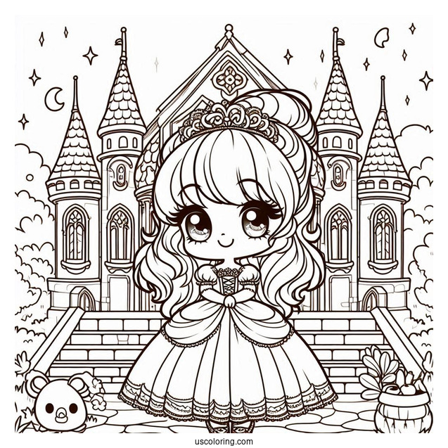 Kawaii Chibi Cinderella Outside Castle Coloring Page For Kids