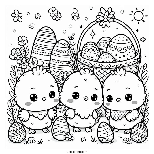 Easter Coloring Page Of Kawaii Chicks Standing Next To Easter Egg Basket For Kids