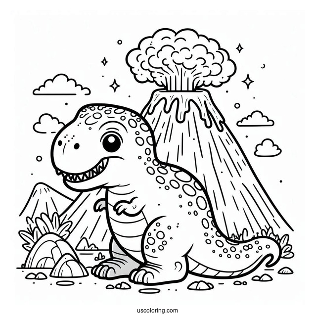 Cartoon T-Rex With Volcano Coloring Page