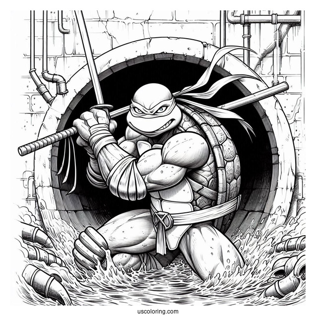 Ninja Turtles Coloring Page Of Adult Leonardo Using Dual Katana In Sewer