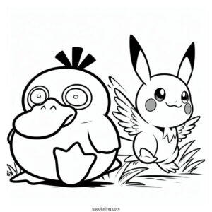 Psyduck Coloring Page With Pikachu Pokemon Poster