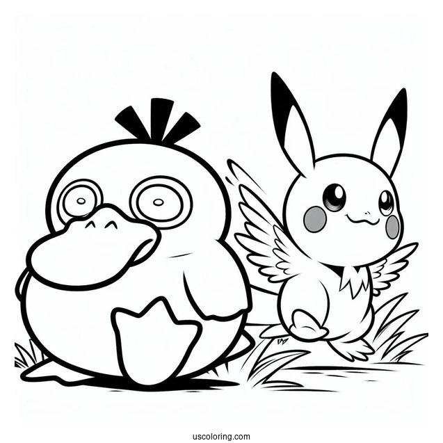 Psyduck Coloring Page With Pikachu Pokemon Poster