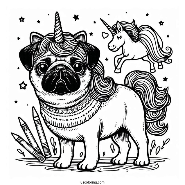 Pug Wearing a Unicorn Horn To Color