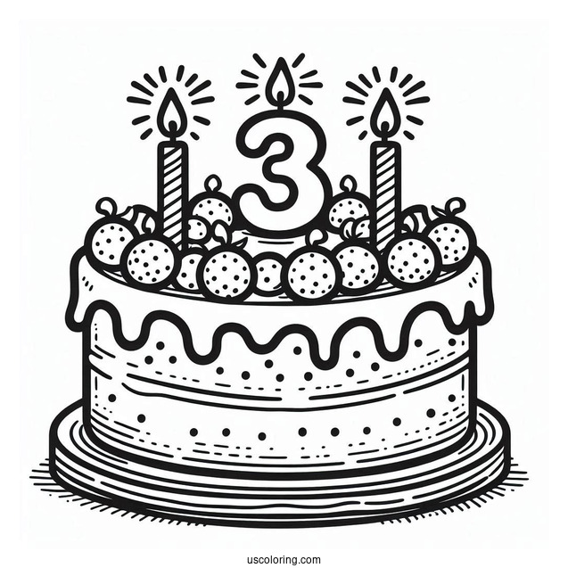 Third Birthday Cake Coloring Page For Preschoolers