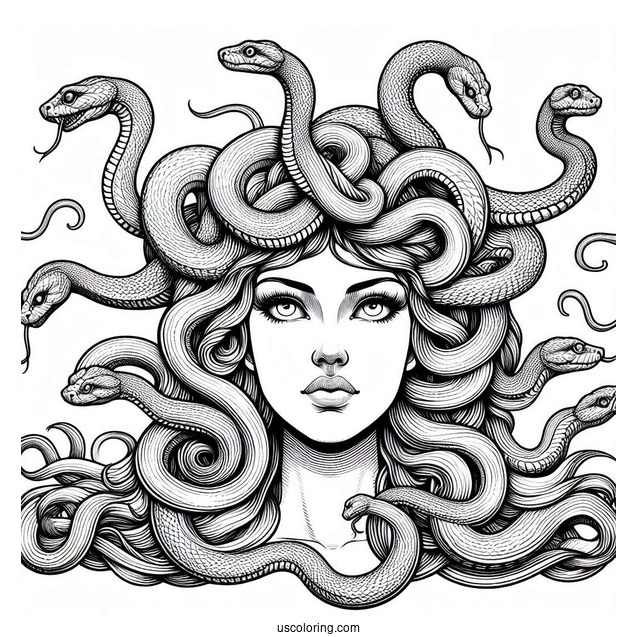 Realistic Medusa Coloring Page With Large Snakes On Head