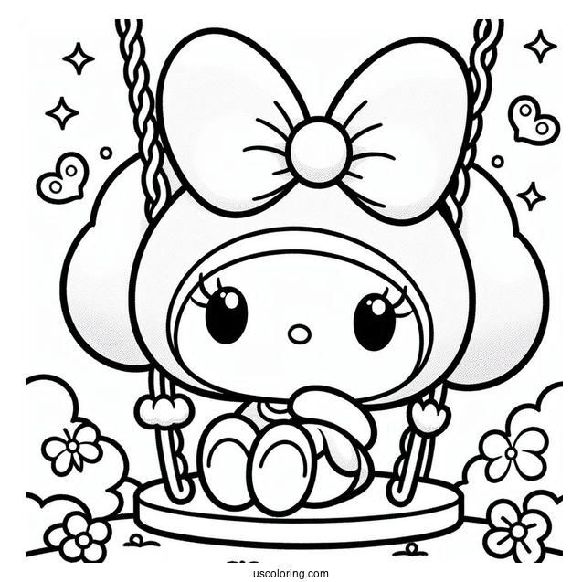 My Melody Coloring Page On A Swing With Risu