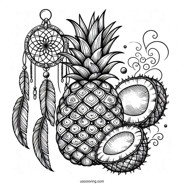 Pineapple Coloring Page Dreamcatcher With Mandala and Coconuts
