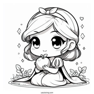 Adorable Chibi Snow White Coloring Pages Staring At An Apple For Preschoolers
