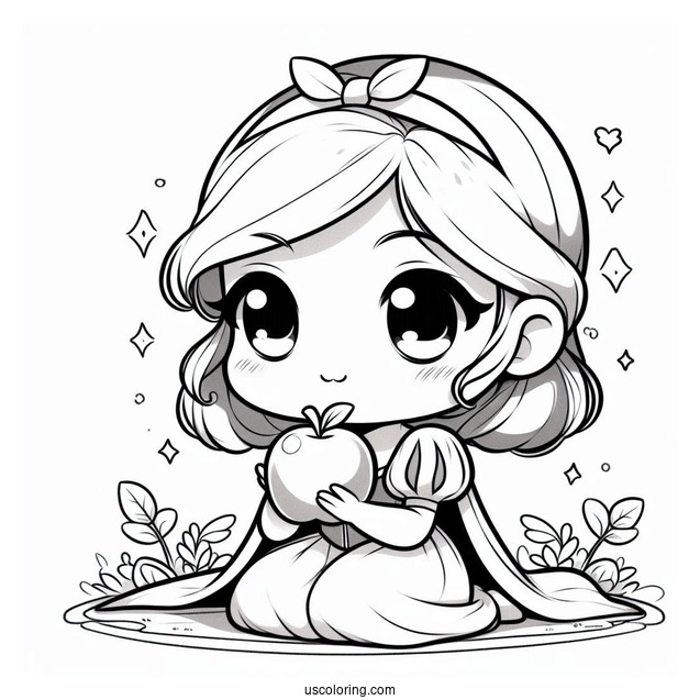 Adorable Chibi Snow White Coloring Pages Staring At An Apple For Preschoolers