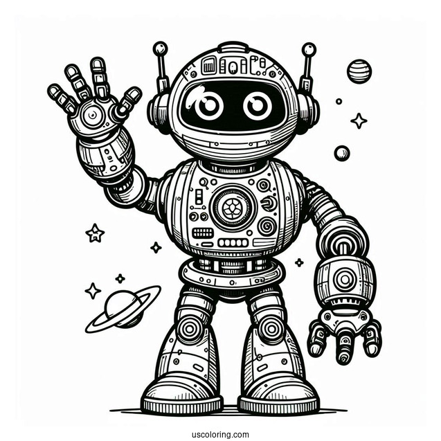 Easy Sci Fi Robot Waving Coloring Page For Kids