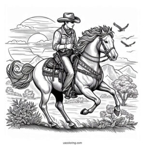 Cowboy Coloring Page Rearing A Horse