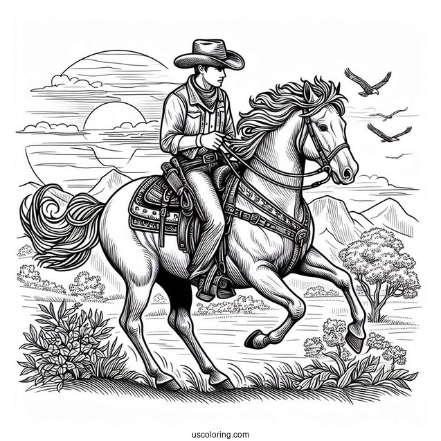 Cowboy Coloring Page Rearing A Horse