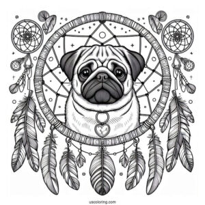 Pug Coloring Page Dreamcatcher with Feathers and Bones